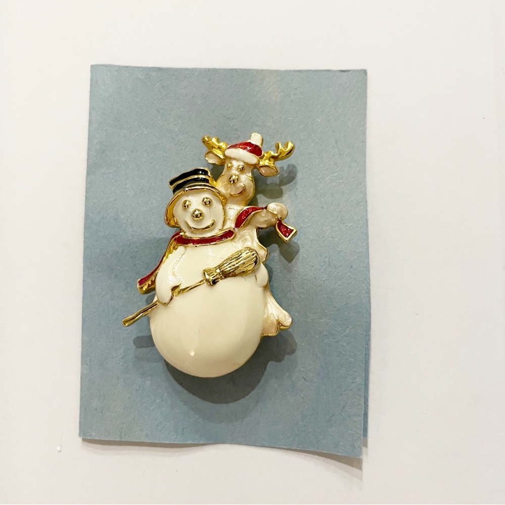Snowman and Reindeer Brooch Pin